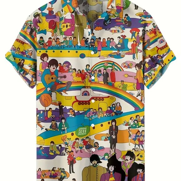 Retro Graphic Print Short Sleeve The Beatles Button Down Shirt Size: 3XL - Picture 1 of 4